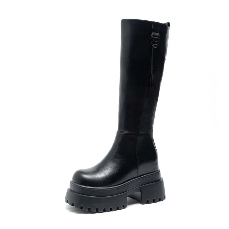 Women's Knee High Boots Genuine Leather Platform Boots Chunky Heel Fashion Riding Winter Casual Dress Streetwear