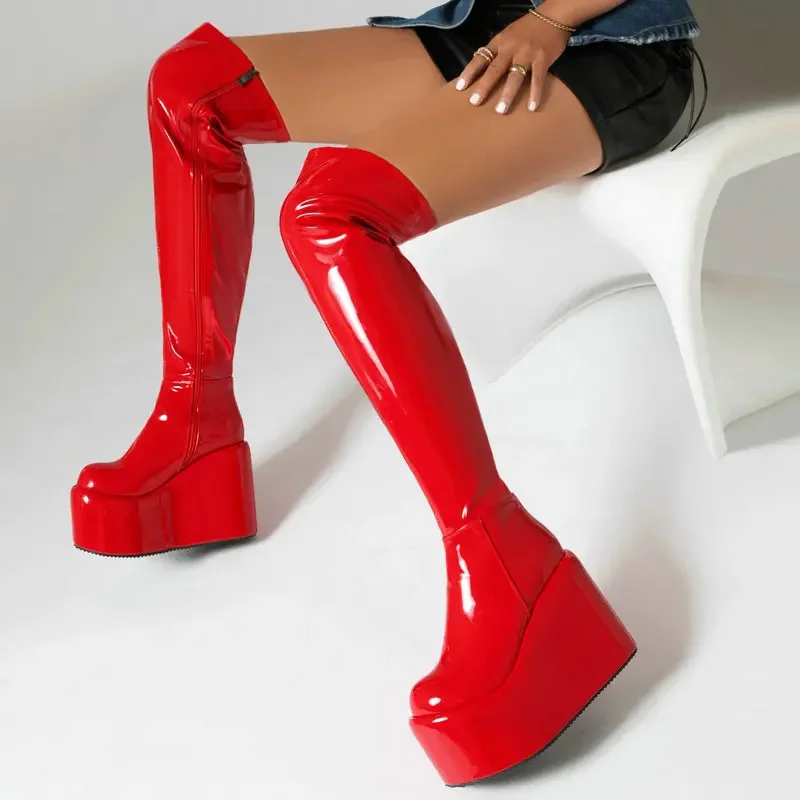 Red White Platform Wedges High Heels Sexy Overknees Winter Warm Fleece Lined Zipper Over-the-knee Stretch Snow Long Boots